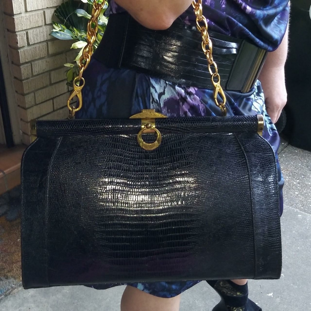 RARE 1960's BLACK LESCO IGUANA SKIN STRUCTURED HANDBAG WITH BRASS HARDWARE